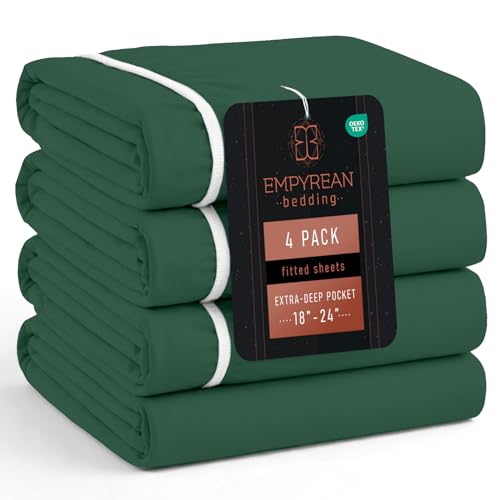 Empyrean 4 Pack Dark Green Extra Deep Pocket Twin XL Fitted Sheet, Hotel Luxury XL Twin Fitted Sheet Only Easily Fits 18 to 24 Inch Mattress, Super Soft, Wrinkle-Free Bed Sheets with Corner Straps