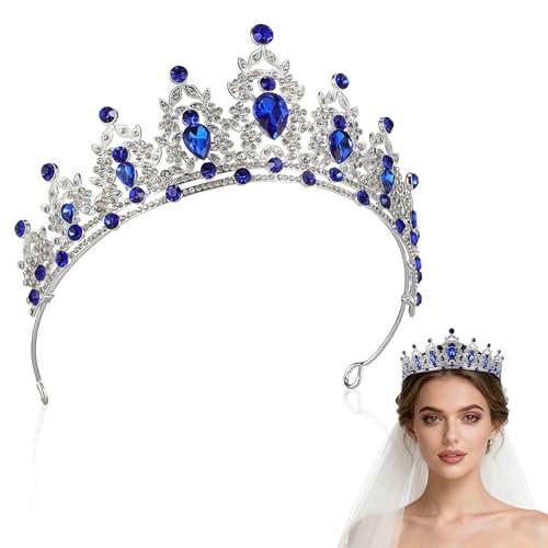 Balacoo Barocke Damen Krone Silber Blau Prom Headpiece mit Funkelnden Kristallen Tiara für Braut...