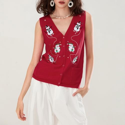 Image of KMBANGI Women Christmas Button Sweater Vest Embroidery Sleeveless Cardigan