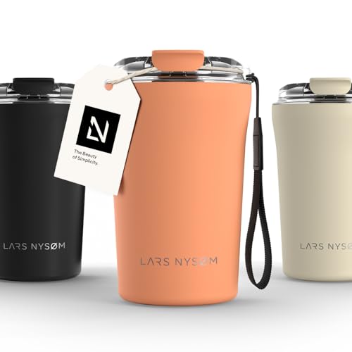Image of LARS NYSOM Thermo Coffee Mug to go with Strap 13oz | Travel Mug 0.38 Liter with Insulation | Leak Proof Stainless Steel Thermal Tumbler for Coffee and Tea to Go (Pumpkin Orange, 12.9oz)