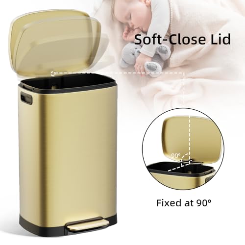 Image of KUK 13 Gallon Kitchen Trash Can with Lid, 50L /13Gal Office Step Garbage Can for Home, Kitchen, Laundry Room, Office, Gold