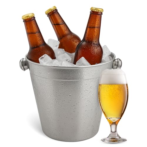 CHEFZOCO Cubitera para Botellas, Cubitera Acero Inoxidable, Cubo Cubitos de Hielo con Asas, Enfriador de Botellas, Diámetro14 cm, Altura 13.5 cm, Apto para Enfriar refrescos, champán, Vino, Cerveza