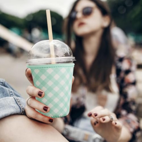 Image of Reusable Insulated Sleeve for Iced Coffee Cup, Coffee Neoprene Sleeve for Cold & Hot Drinks, Beverage Holder for Iced Coffee (Sage Gingham, Small: 16-18oz)
