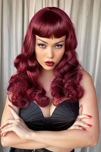 Perruque rouge cerise longue ondulée pin-up Maeve #39 avec frange courte