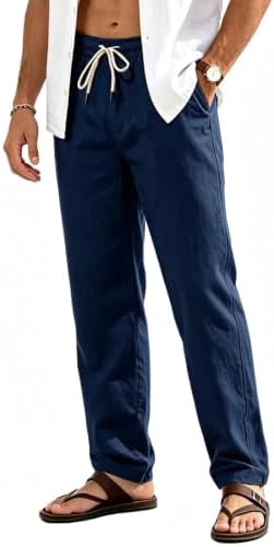 FizzPop Leinenhose Herren Lang Leichte Sommerhose Loose Fit Freizeithose mit Taschen Gummizug Kordelzug für Urlaub Strand Yoga