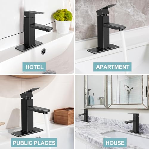 Image of Herogo Black Bathroom Faucet, Stainless Steel Modern Bathroom Sink Faucets with Pop-up Sink Drain & Deck Plate 1 or 3 Hole, Single Handle RV Washbasin Lavatory Faucet with 2 Water Hoses