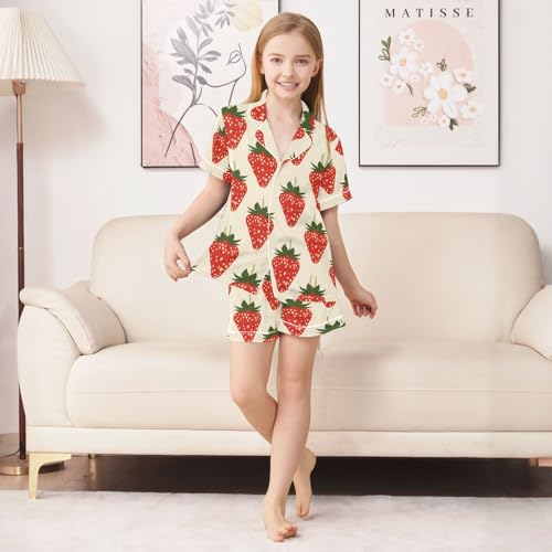 ALAZA Strawberry Red Fruit Leaf Pajamas Satin Pajama Set Short Sleeve Button Down Sleepwear3