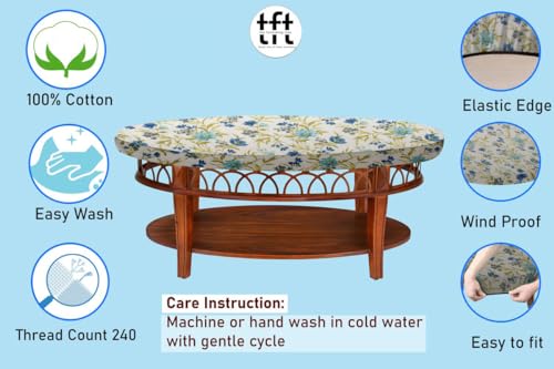 Image of The Furnishing Tree Elastic Cotton Oval Center Table Cover 16x48 in Inches Floral Blue Leaf on offwhite Base