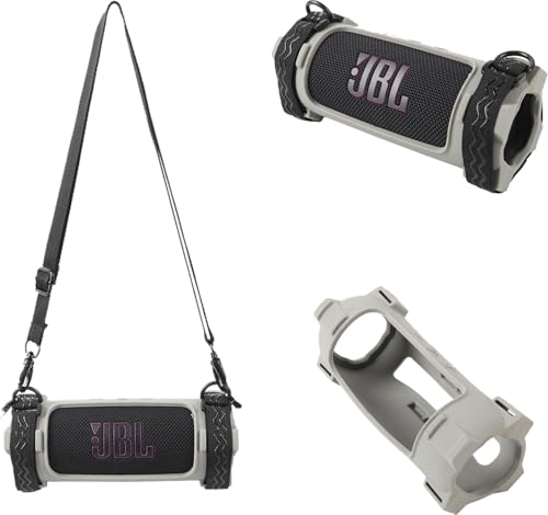 For JBL Flip 7 Bluetooth ポータブルスピーカー 用 ケース カバー【HUKWIMO】シリコンケース + ショルダーストラップ キズ防止 耐衝撃 軽量 柔軟設計 携帯便利 肌触り優良(グレー)