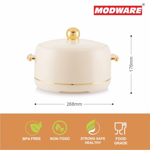 Image of Modware Atlantis Casserole 2500ml Elegant Design Premium Hot Pot, Retains Temperature for Hours, Insulated Inner Steel Casserole for Roti, Hot Box for Home, Chapati Box, Serving Bowl with Lid (Ivory)