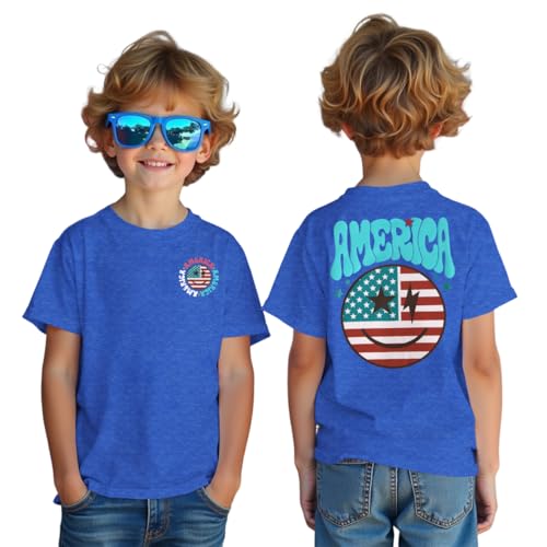 Image of MODNTOGA Boys Girls 4th of July Shirt USA Flag Graphic T-Shirt Big Kids America Print Short Sleeve Patriotic Holiday Tee Tops (Blue, 6-7 Years)