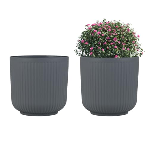 COSTWAY Juego de 2 Macetas Redondas de Plástico, 32 cm Macetas a Rayas con Sistema de Drenaje Opcional, Contenedores Decorativos para Plantas de Interior y Exterior para Porche Frontal, Jardín, Balcón