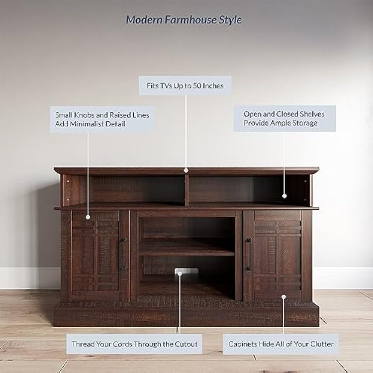 BELLEZE Modern 48 Farmhouse Wood TV Stand & Media Entertainment Center Console Table for TVs up to 50 Inch with Open Storage Shelves & Cabinets - Norrell (Espresso)