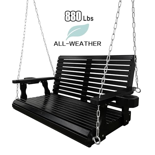 Wooden Porch Swing 2-Seater, High Backrest and Deep Seat, Bench Swing with Cupholders, Hanging Chains and 7mm Springs, Heavy Duty 880 LBS, for Outdoor Patio Garden (Carbon Black - 4 FT Extra Large)