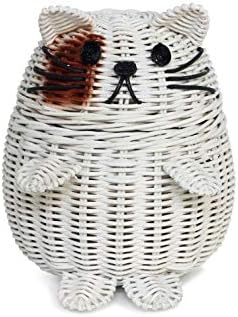 G6 COLLECTION Cat Rattan Storage Basket With Lid Decorative Bin Home Decor Hand Woven Shelf Organizer Cute Handmade Handcrafted Nursery Gift Animal Art Decoration Artwork Wicker Kitten