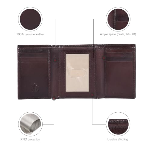 Image of Real Leather Mens Trifold Wallet RFID Blocking Slim Minimalist Front Pocket - Thin & Stylish with ID Window in Gift Box, VT brown, Trifold