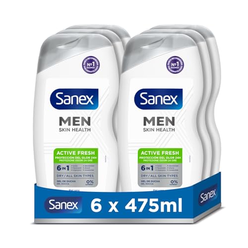Gel de ducha para hombre Sanex Men Skin Health Active Fresh 6in1 Pack 6 x 475ml| Gel de baño para piel seca | Controla el olor corporal durante 24 horas | Hidrata en profundidad | 0% sulfatos*