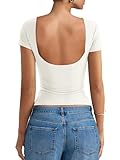 Micticsi Women Backless Open Back Tops Double Lined Boat Neck Going Out Tops Sexy Y2k Tee Shirts White M