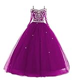 VeraQueen Girl's Princess Crystal Long Sleeves Pageant Dresses Tulle Beaded Straps Ball Gowns Flower Girl Dress