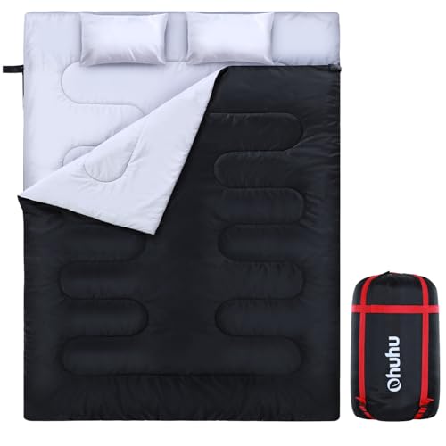 Ohuhu Sacco a Pelo Matrimoniale, Sacco a Pelo Matrimoniale Enorme 218x150cm con 2 Cuscini, Quattro Doppia Chiusura Lampo Temperatura Confortevole: 0 ° C ~ 10 ° C (2.75kg/3.5kg) (Nero 3.5kg)