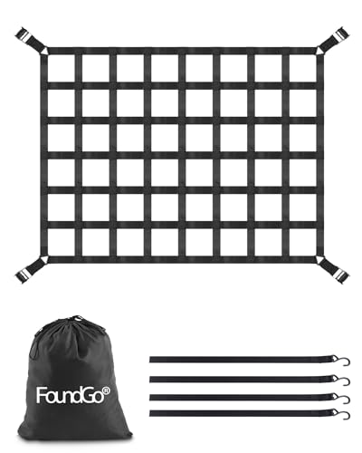 FoundGo Filet de Chargement pour Pick-up [106x127cm] Filet de Remorque Lourd résistant à la déchirure Filet de Chargement Réglable pour SUV Camion, Compris 4X Sangles Fixes, Sac de Rangement