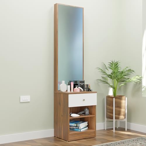 Image of VIKI | Engineered Wood Dressing Table with 1 Drawer, Mirror and Huge Storage Space | Vanity for Living Room, Bedroom (Brussel Walnut & Frosty White- 43.8W x 40D x 182.6H cms)