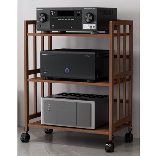 Estante de audio de madera marrón con ruedas para consolas y equipos AV