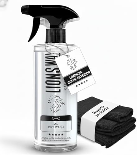LionsWay: Limpieza de Coche en Seco con Cera de Carnauba. Detailing Profesional. Abrillantador Potente sin Agua. Tratamiento Cerámico Rápido para Coche y Moto. (Dry Wash 500ml + Bayeta Premium).