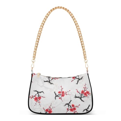 Zipper One Shoulder Purses Elegant Cherry Blossom Red Flowers Tote Handbag Cartoon Womens Hobo Clutch Purse with Chain Strap