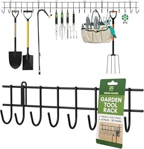 Green Haven Gerätehalter Wand – 160cm Gartengerätehalter aus Metall mit 32 Haken für Besen, Schaufeln & Gartengeräte – Wandhalterung für Garage & Geräteschuppen, Platzsparender Werkzeughalter