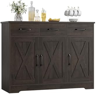 HOSTACK Modern Farmhouse Buffet Sideboard Cabinet, Barn Doors Storage Cabinet with Drawers and Shelves, Wood Coffee Bar with Storage for Dining Room, Kitchen, Living Room, Dark Brown