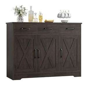 HOSTACK Modern Farmhouse Buffet Sideboard Cabinet, Barn Doors Storage Cabinet with Drawers and Shelves, Wood Coffee Bar with Storage for Dining Room, Kitchen, Living Room, Dark Brown
