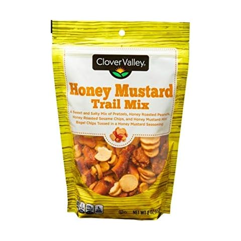 Clover Valley Honey Mustard Trail Mix -1 Bag (8oz) - Sweet & Salty Pretzels, Honey-Roasted Peanuts, Sesame Chips, and Mini Bagels -Zesty Seasoned Snack in a Convenient are-Sealable Bag Cover