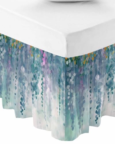 RisQiten Green Botanical Bed Skirt King Size 18 Inch Drop, Elastic Bedskirt Dust Ruffle for King Size Bed, Watercolor Spring Floral Oil Painting Elegant Wrap Around Bed Skirts Pleated Bed Frame Cover
