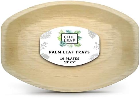 Chic Leaf Disposable Palm Leaf Trays Like Bamboo Serving Trays 13" x 9" (10 ct) - 100% Compostable Disposable Trays for Wedding, Party, Events, & Catering