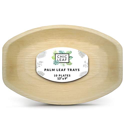 Chic Leaf Disposable Palm Leaf Trays Like Bamboo Serving Trays 13" X 9" (10 Ct) - 100% Compostable Disposable Trays For Wedding, Party, Events, & Catering #TOP4