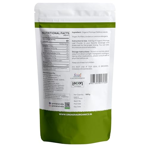 Image of Grenera Organic Moringa Leaf Powder 500 gram, Organically Grown Powdered Moringa Leaves, Tested for Heavy Metals | Chemical Free | Lab - Tested | Natural Plant-Based Superfood | Rich in Nutrients