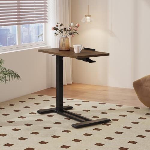 FitStand Medical Adjustable Overbed Bedside Table with Casters 90° Tilting Desktop, Pneumatic Mobile Laptop Computer Standing Desk Cart with Tray, Hospital Table(31.5\" W x 17.7\" D, Mahogany)