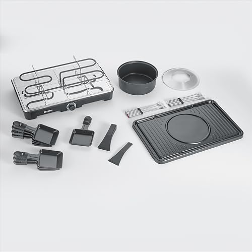 SEVERIN Appareil à Fondue et Raclette pour 8 personnes, Appareil à raclette 2 en 1 avec Plaque de cuisson et Service à fondue, Inclus 8 poêlons, spatules et fourchettes à fondue, Noir, RG 2347