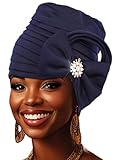 Woeoe Pre-Tied African Hats Auto Gele African Head Wraps Navy Blue Bow Church Turban for Women