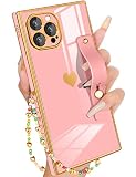 Petitian for iPhone 13 Pro Square Case Loopy Stand/Strap, Luxury Cute Women Girls Heart Electroplate