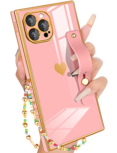 Petitian For Iphone 13 Pro Square Case Loopy Stand/Strap, Luxury Cute Women Girls Heart Electroplated Designer Squared Edge Phone Cases For 13 Pro, Pink #TOP4