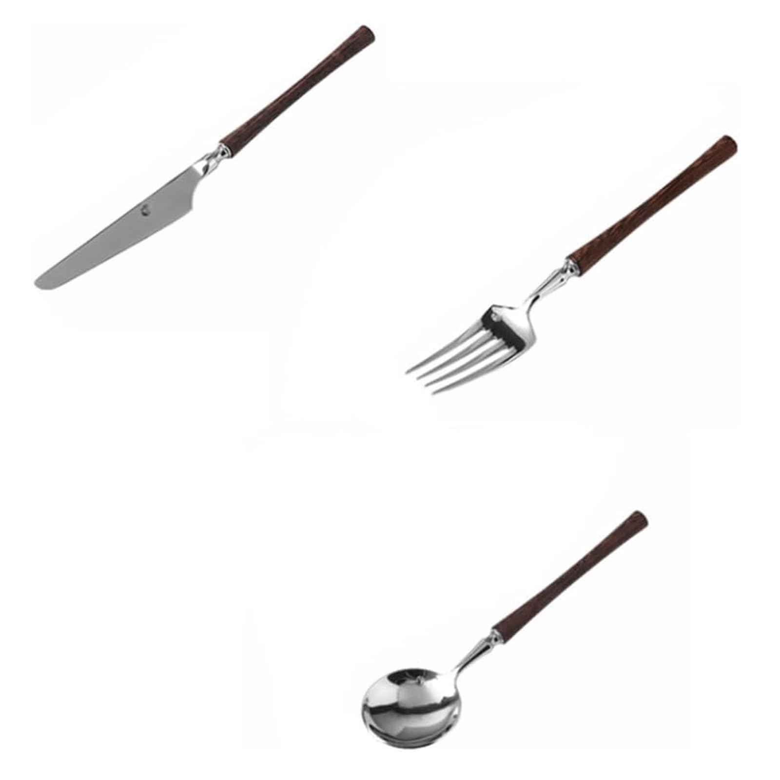Rieort Ensemble d'argenterie Manche en Bois Couteau Fourchette cuillère 1/2/3 pièces Ensemble de Couverts fourchettes à dîner en Acier Inoxydable Service de Table rétro réutilisable