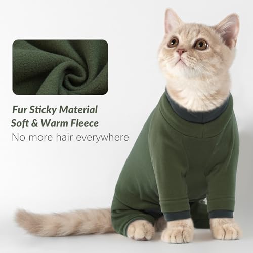 Klebriges Katzenhaar Kleidung, Pyjama für Katzen Pullover Warm für Katze Katzenoverall Fleece Jumper Katzenkostüm Mantel mit Rollkragen&Lange Ärmel für Katzen/Kitten(ArmeeGrün, S)