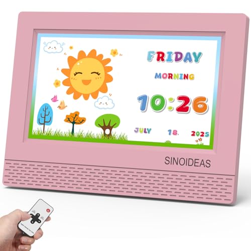SINOIDEAS 7 Inch Kids Digital Alarm Clock, Children's Sleep Trainer,Eye-Caring Digital Clock for Girls Boys Bedrooms Bedside (Pink)