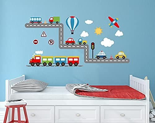 Miniatura 2 de Calcomanías de pared de tren de transporte de construcción, aviones, trenes, automóviles, calcomanías de vinilo para pared de niños, dormitorio de