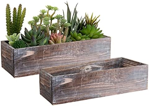 MyGift Country Rustic Brown Solid Wood Rectangular Plant Box, Decorative Windowsill Succulent Cactus Herb Flower Planter, Set of 2