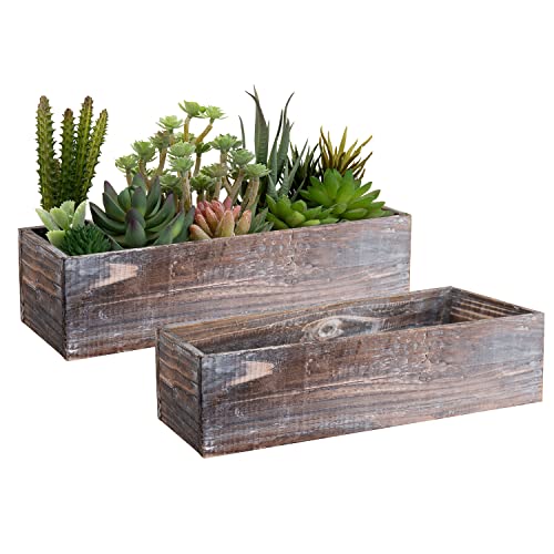 Mygift Country Rustic Brown Solid Wood Rectangular Plant Box, Decorative Windowsill Succulent Cactus Herb Flower Planter, Set Of 2 #TOP6