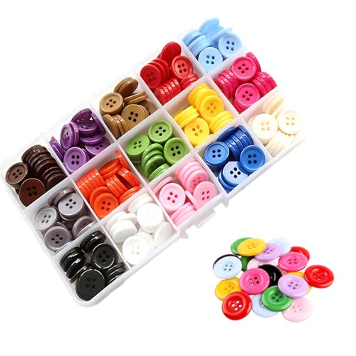 Lot de 300 boutons ronds en résine colorée avec boîte de rangement, 4 trous, 15 couleurs, boutons en résine pour couture, décoration, scrapbooking ou loisirs créatifs (taille : 15 mm)