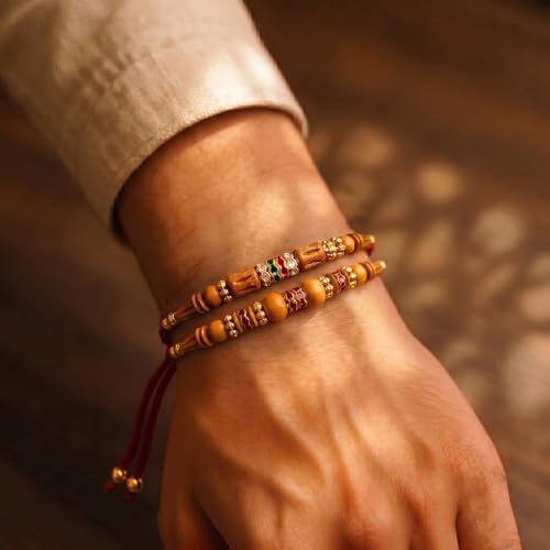 Image of Peora Rakhshabandhan Thread Rakhi for Brother Bhaiya | Kundan Beads & Crystal Studded | Combo Set of 2 | Rakhi Hamper Roli Chawal & Greeting Card